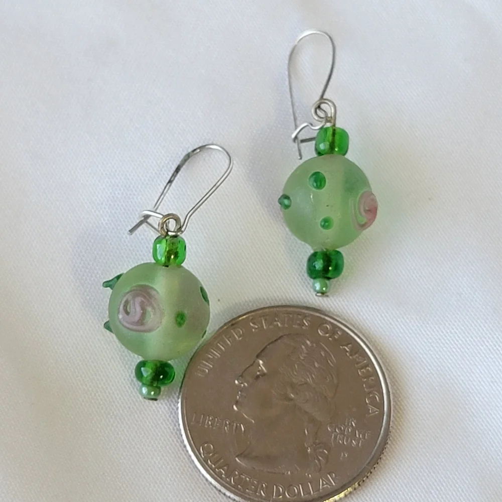 Green Glass Drop Earrings Lampwork Style